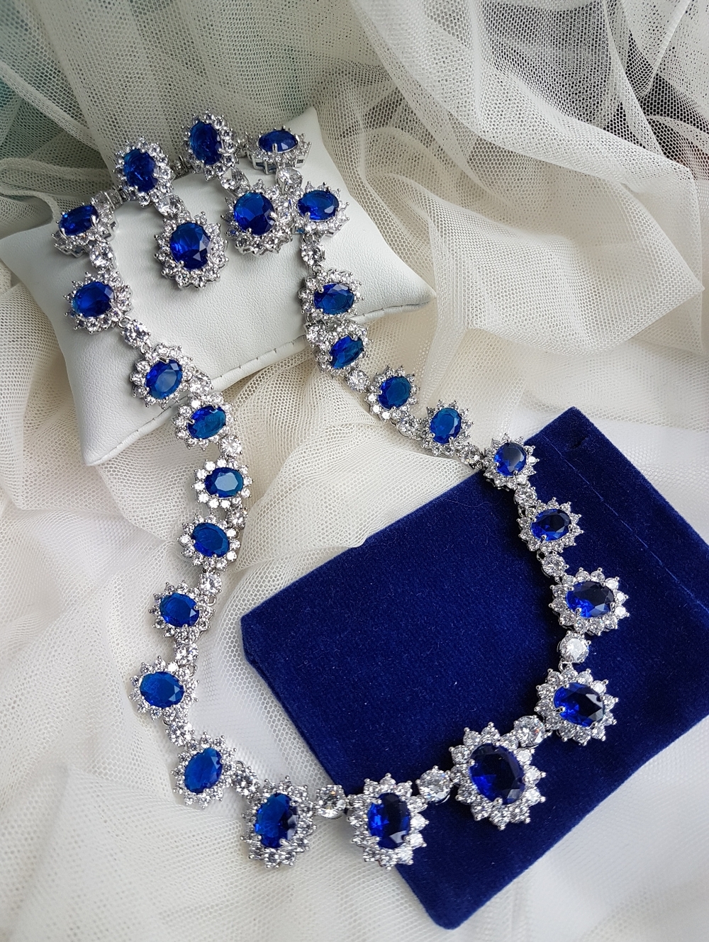 Swarovski Elements Platinum Plated Sapphire Blue Diana Drop Earrings NEW - Picture 10 of 17